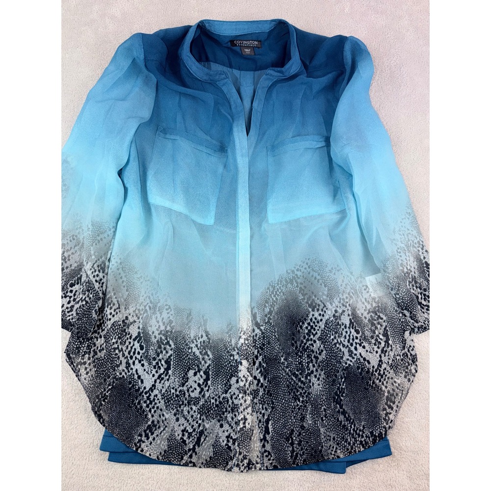 Covington Essentials Women's Medium Blue Ombre Snake Print Sheer Button Up‎ Top